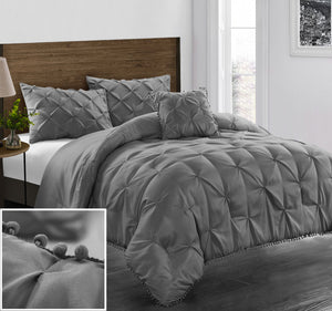 Evolive 4pc Set Pinch Pleat/Kiss Pleat, Pintuck Down Alternative Comforter Set with Pompom (Full/Queen, Charcoal Grey)