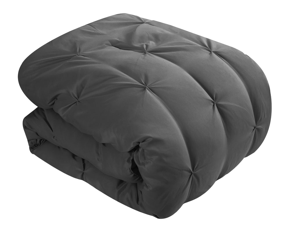 Evolive 4pc Set Pinch Pleat/Kiss Pleat, Pintuck Down Alternative Comforter Set with Pompom (Full/Queen, Charcoal Grey)