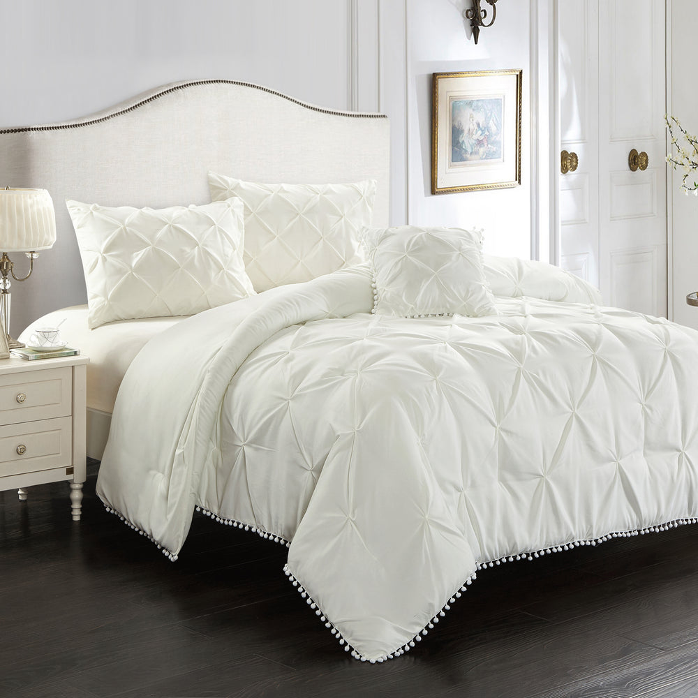 Evolive 4pc Set Pinch Pleat/Kiss Pleat, Pintuck Down Alternative Comforter Set with Pompom (Full/Queen, Charcoal Grey)