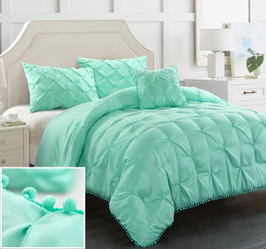 Evolive 4pc Set Pinch Pleat/Kiss Pleat, Pintuck Down Alternative Comforter Set with Pompom (Full/Queen, Charcoal Grey)