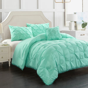 Evolive 4pc Set Pinch Pleat/Kiss Pleat, Pintuck Down Alternative Comforter Set with Pompom (Full/Queen, Charcoal Grey)